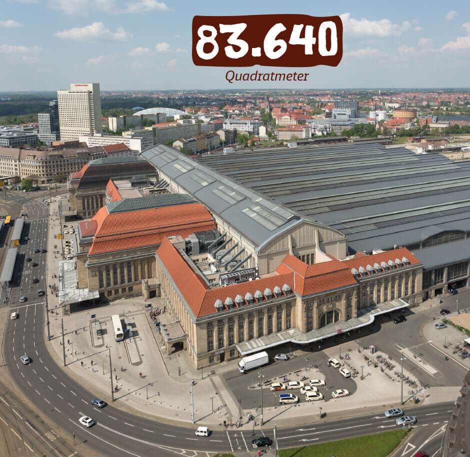 Blick auf das Dach des Leipziger Hauptbahnhofes mit einer überspannten Fläche von 83640 Quadratmetern