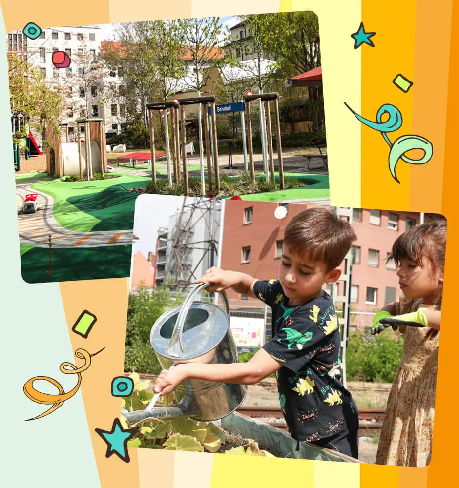 Collage mit Blick in den Museumsgarten und zwei Kinder, die Gemüsepflanzen mit einer großen Gießkanne bewässern