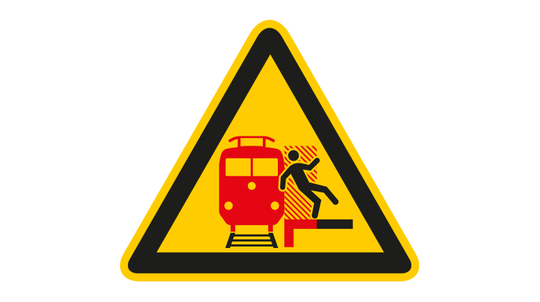 Gefahrenzeichen Bahn Achtung an der Bahnsteigkante Vorsicht bei einfahrenden und durchfahrenden Zügen