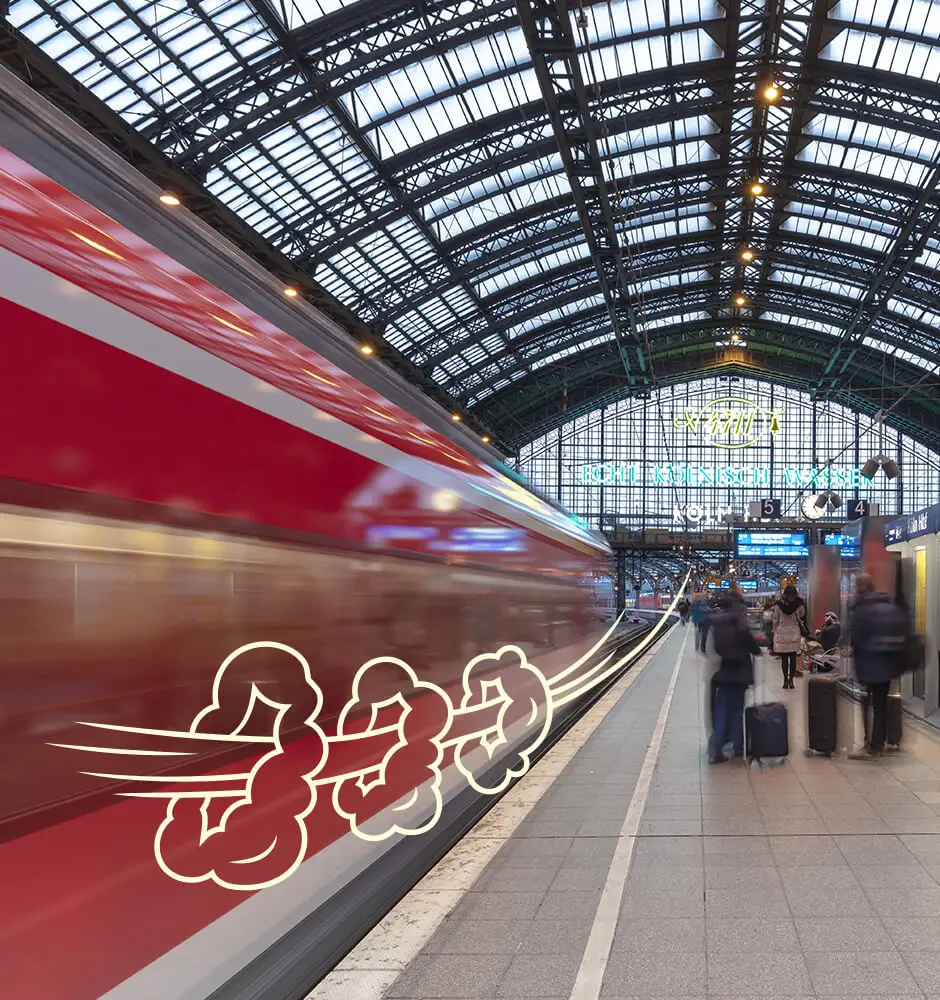 Grafisch visualisierte Luftströmung bei einem Zug der durch einen Bahnhof fährt